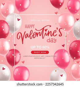 Valentines day banner with 3d balloons, realistic pink and red air balloons, hand drawn calligraphy on pink background, Vector illustration