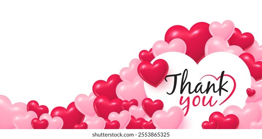 Valentines day banner with 3d hearts. Heart shaped tag with Thank you text. Love background with many 3d hearts. Valentines day greeting card. Mountain or wave of hearts. Vector illustration.