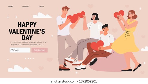 Valentinstag-Banner, Werbung, Landing-Webseite mit Gruß. Männer und Frauen mit einem blinden Datum. Paare halten Herz und Suche Seezunge Partner. Die Leute feiern gemeinsam den Valentinstag. Romantik und Liebe.