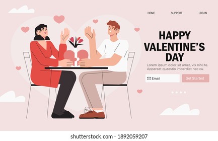 Banner de San Valentín, anuncio, página web de inicio con saludo. Hombre y mujer en una cita. Pareja mantiene la forma del corazón y celebra el día de San Valentín juntos. Romance, concepto de pareja y amor.