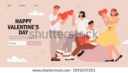 Valentines day banner, advertisemen, landing web page with greeting. Men and women on a blind date. Couple hold heart and search sole mate. People celebrate valentines day together. Romance and love.