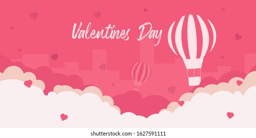 Valentine's Day banner with air balloon on the pink background
