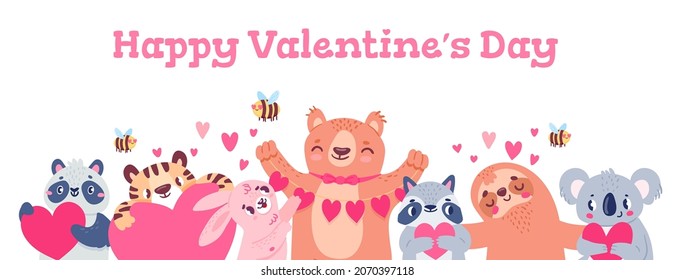 Valentines day banner with animals. Design with cute bear, panda, koala, bees and bunny holding hearts. Cartoon love holiday vector poster. Illustration valentine banner and card with animals in love