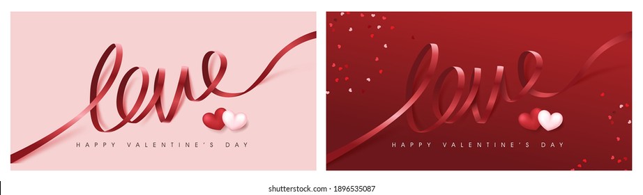  Valentine's Day Banner Backgroud With Love Word Ribbon Lettering