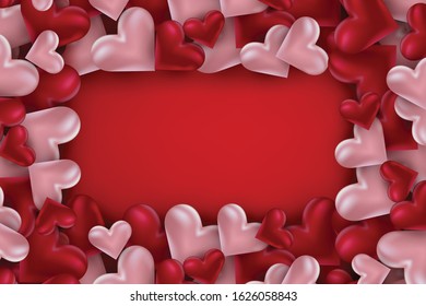 Valentines Day banner background with 3d pink and red hearts. Love design concept. Romantic invitation or sale offer promo. Vector illustration.