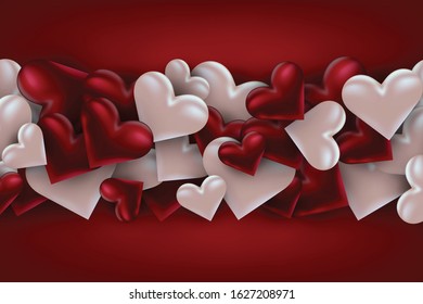 Valentines Day banner background with 3d pink and red hearts. Love design concept. Romantic invitation or sale offer promo. Vector illustration.