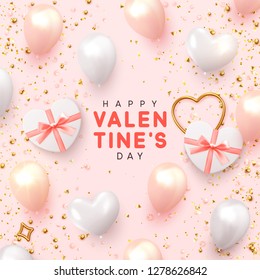 Valentines Day banner. Background design, realistic gifts box with heart shaped, pink and white balloon, glitter gold confetti, rose flower petals. Horizontal poster, greeting cards, headers, website