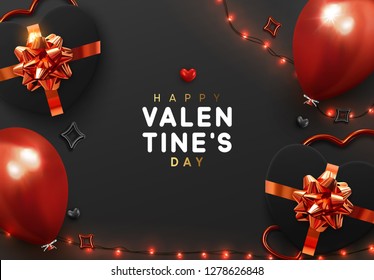 Valentines Day banner. Background design of sparkling lights garland, realistic gifts box with heart shaped, red balloon. Holiday poster, greeting card, header, website. stylish pattern in black color