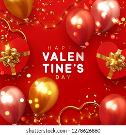 Valentines Day banner. Background design of sparkling lights garland, realistic gifts box with heart shaped, red balloon and glitter gold confetti. Holiday poster, greeting cards, headers, website