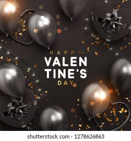 Valentines Day banner. Background design of sparkling lights garland, realistic gifts box with heart shaped, black balloon and glitter gold confetti. Holiday poster, greeting cards, headers, website