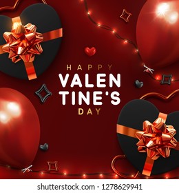 Valentines Day banner. Background design of sparkling lights garland, realistic gifts box with heart shaped, red balloon.  Holiday poster, greeting cards, headers, website