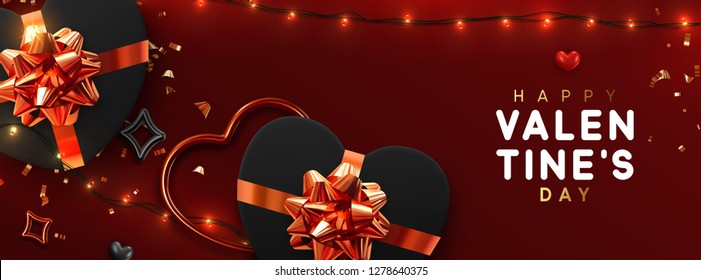 Valentines Day banner. Background design of sparkling lights garland, realistic black gifts box with heart shaped, and glitter gold confetti. Horizontal holiday poster, greeting cards, header, website