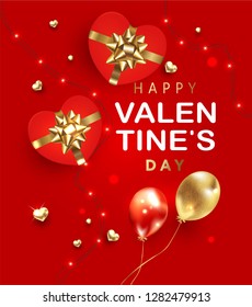Valentines Day banner. Background design of sparkling lights garland, realistic gifts box with heart shaped, red balloon and glitter gold heart. Holiday poster, greeting cards, headers, website