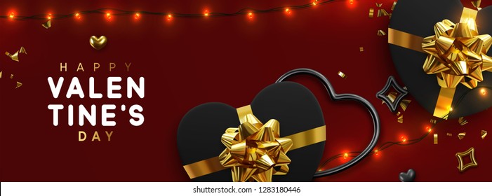 Valentines Day banner. Background design of sparkling lights garland, realistic black gifts box with heart shaped, and glitter gold confetti. Horizontal holiday poster, greeting cards, header, website