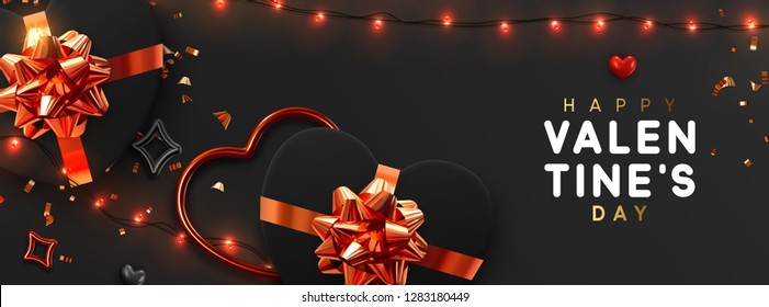 Valentines Day banner. Background design of sparkling lights garland, realistic black gifts box with heart shaped, and glitter gold confetti. Horizontal holiday poster, greeting cards, header, website