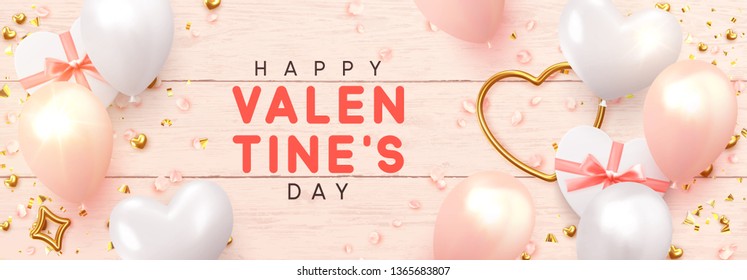 Valentines Day banner. Background design, realistic gifts box with heart shaped, pink and white balloon, glitter gold confetti, rose flower petals. Horizontal poster, greeting cards, headers, website