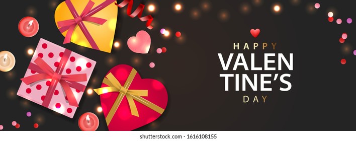 Valentines Day banner. Background design of sparkling lights, realistic gifts box with heart shaped, and glitter gold confetti. Horizontal holiday poster, greeting cards, header, website