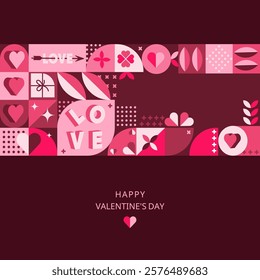 Valentine's Day banner background design with geometric patterns, love icons.Vector