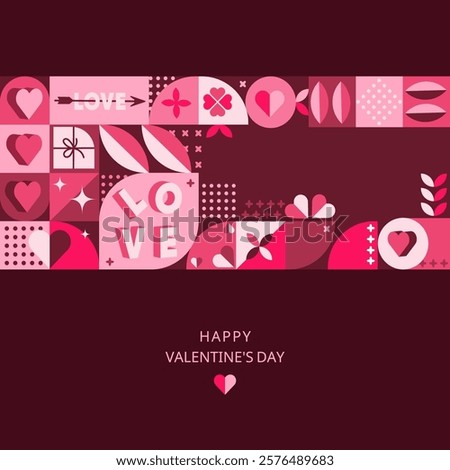 Valentine's Day banner background design with geometric patterns, love icons.Vector