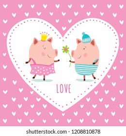 Valentine's day banner, background, flyer, placard with cute pigs. Holiday poster for scrapbooking. Vector template card for greeting, decoration, congratulation, invitation. 