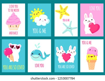 Valentine's day banner background, flyer, placard, sticker with cute animals and inscription you are so loved, i love you to the moon and back. Vector template card for congratulation, invitation