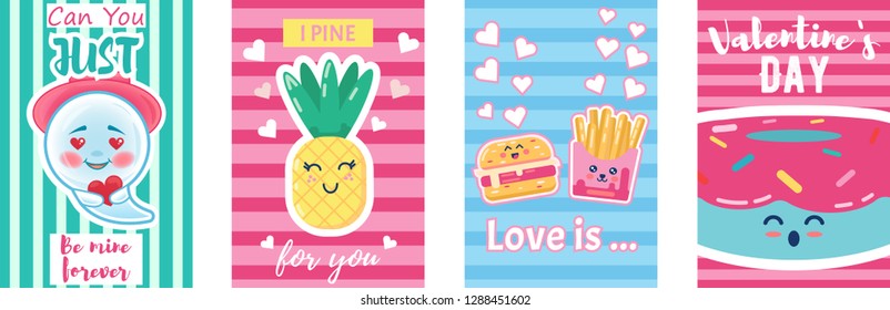 Valentine's day banner background, flyer, placard, sticker with cute food and inscription love is, valentine`s day, i pine for you forever. Vector template card for congratulation, invitation flayer