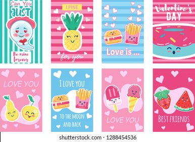 Valentine's day banner background, flyer, placard, sticker with cute food and inscription love you, i love you to the moon and back, best friends. Vector template card for congratulation, invitation