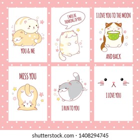 Valentine's day banner background, flyer, placard, sticker with cute cats and inscription miss you, i run to you, i love you to the moon and back. Vector template card for congratulation, invitation