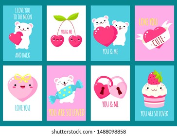 Valentine's day banner background, flyer, placard, sticker with cute animals and inscription you are so loved, i love you to the moon and back. Vector template card for congratulation, invitation