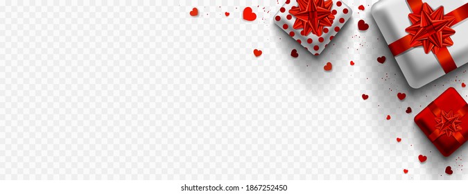 Valentines Day banner. Background with gift box isolated on transparent background.	