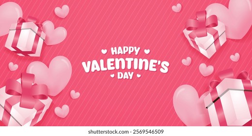 Valentine's day banner background with gift box and heart shape balloons on cute background