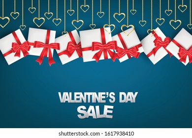 Valentines Day banner background with golden 3d hearts garland and white gift boxes with red ribbon and bow. Love design concept. Romantic invitation or sale offer promo. Vector illustration.