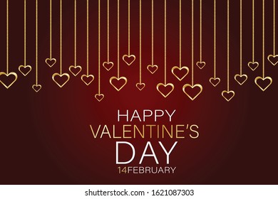 Valentines Day banner background with hanging golden 3d hearts. Love design concept. Romantic invitation or sale offer promo. Vector illustration.
