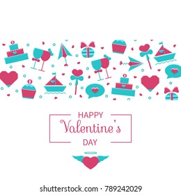 Valentine's Day banner, background, header, card template with cute cartoon love and romantic symbols. Wedding, marriage, honeymoon, engagement, dating vector illustration.