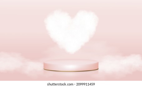 Valentine's day banner background with heart shape cloud and display cylindrical shape on pink pastel, Vector 3D illustration empty studio room with circle mock up for holiday greeting card
