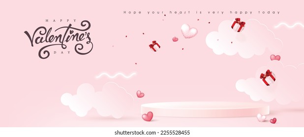 Fondo de banner del día de San Valentín con globos con forma de corazón y diseño de texto en la pantalla del podio