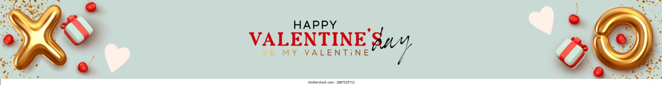 Valentine's day banner. Background holiday design of realistic gold metal text lettering XO, decorative red cherry, gift box. Horizontal Romantic header for website template, flat lay top view