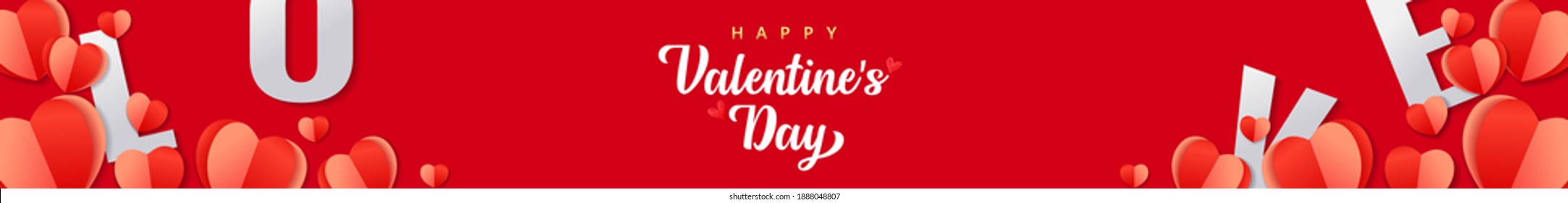 Valentines day banner background holiday design with realistic origami paper hearts and text lettering love. Horizontal romantic header for website template, flat lay top view. Festive vector