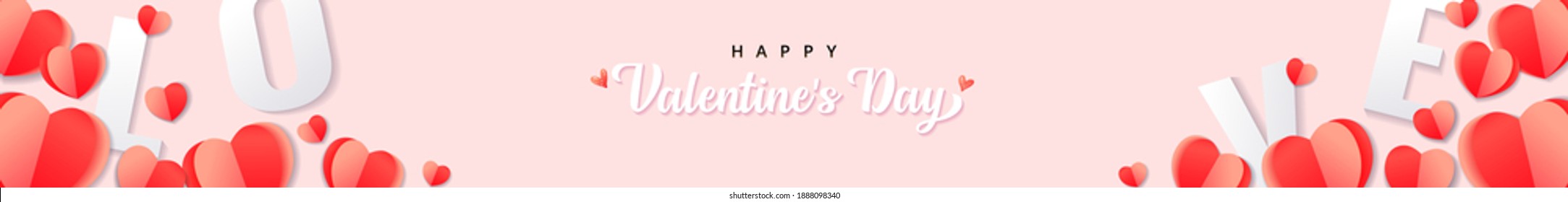 Valentines day banner background holiday design with red origami paper hearts and text lettering love. Horizontal rose colors romantic header for website template, flat lay top view. Festive vector