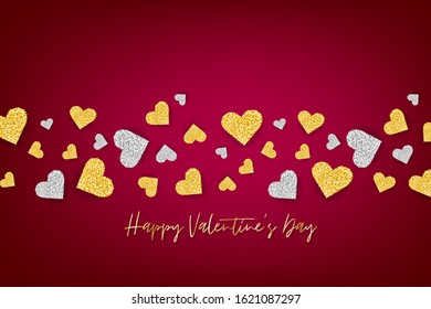 Valentines Day banner background. Love wallpaper design concept with golden glitter hearts. Advertisement sale offer promo. Vector illustration.