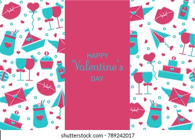 Valentine's Day banner, background, poster, card, sale flyer concept with flat cartoon love and romantic signs - balloon, boat, paper plane, wedding cake, lips, love letter and cocktail.