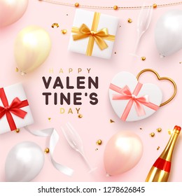 Valentines Day banner. Background realistic gifts box shape heart, balloons, glitter gold confetti and tinsel, champagne bottle and wine glass. Holiday poster, greeting cards, headers, website