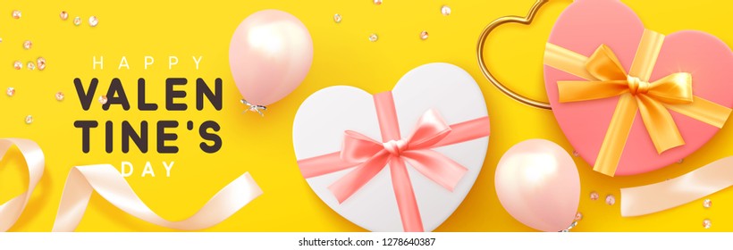 Valentines Day banner. Background realistic gifts box shape heart, pink balloons, decorative ribbon. Horizontal poster, greeting cards, headers, website. Objects viewed from above. Flat lay, Top view