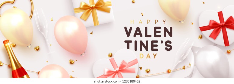 Valentines Day banner. Background realistic gifts box shape heart, balloons, glitter gold confetti and tinsel, champagne bottle and wine glass. Horizontal poster, greeting cards, headers, website