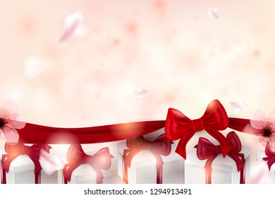 Valentines Day banner. Background realistic gifts box shape heart. Romantic composition with hearts . Vector illustration for website , posters,ads, coupons, promotional material. - Vector