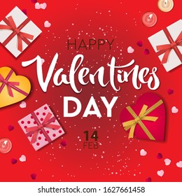 Valentines Day banner. Background with realistic gifts box shape heart, decorative ribbon, candles, confetti. Holiday poster, greeting cards, headers, website. Objects viewed from above. 