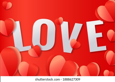 Valentines day banner background with red origami paper hearts and text love. Horizontal Valentine holiday lettering design, romantic header for website template, flat lay top view. Festive vector