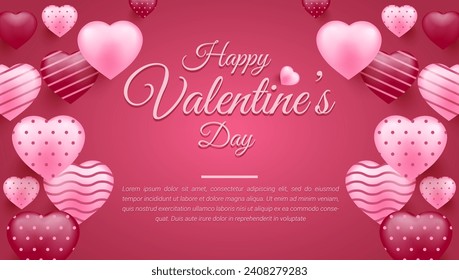 Valentine's day banner background. Romantic background with realistic design elements, gift box, metal hearts, balloons in the shape of heart