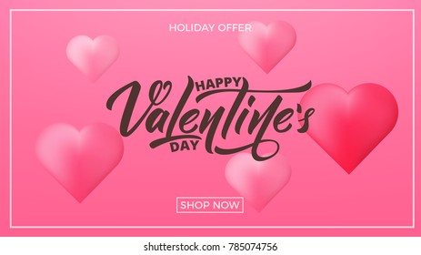 Valentines Day. Banner for Valentine's Day. Valentines background with script lettering and glossy hearts