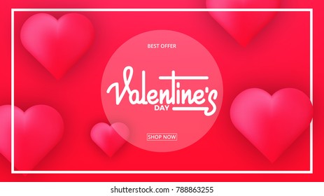 Valentines Day. Banner for Valentine's Day. Valentines background with script lettering and glossy hearts